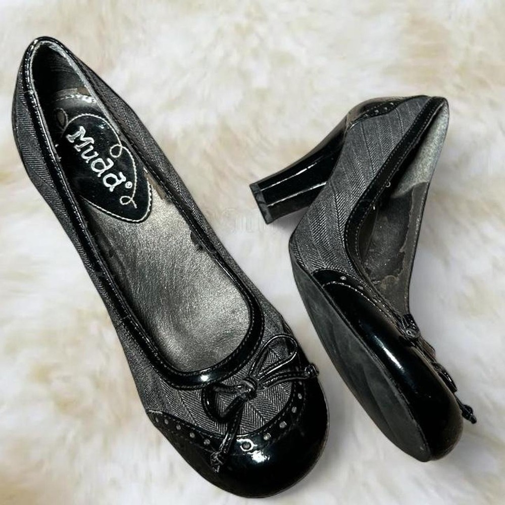 Mudd Y2K Black Patent Mary Jane Heels Bow Embellished Pumps Size 7